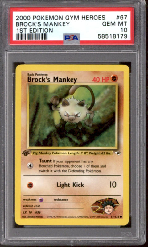 Pokemon Gym Heroes 1st Edition Brock's Mankey 67/132 PSA 10 GEM MINT