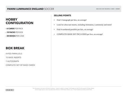 2026 Panini Luminance England Soccer Hobby