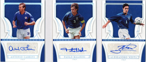 2022 Panini National Treasures FIFA Road To World Cup Paolo Maldini, Antonio Cabrini & Alessandro Nesta Triple Autograph Booklets No. TA-IT2 30/49