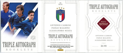 2022 Panini National Treasures FIFA Road To World Cup Paolo Maldini, Antonio Cabrini & Alessandro Nesta Triple Autograph Booklets No. TA-IT2 30/49