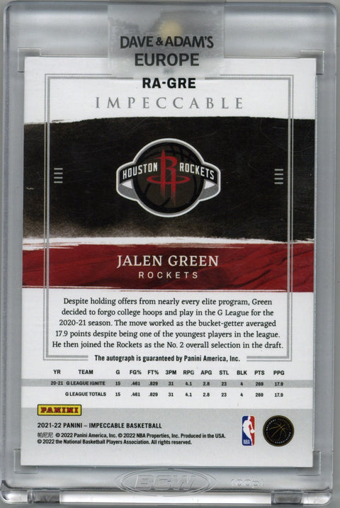 2021/22 Impeccable Jalen Green Auto Card 78/88 #RA-GRE