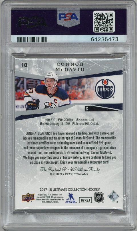 2017/18 Upper Deck Ultimate Collection Connor McDavid Patch Auto Card #10 PSA 9