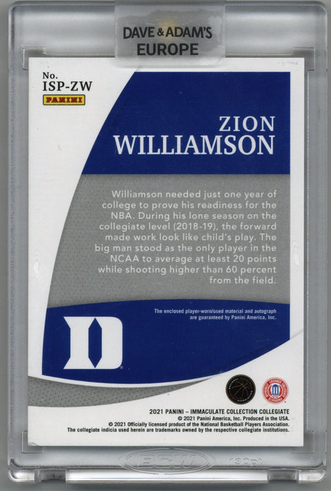 2021 Panini Immaculate Zion Williamson Patch Auto Card #ISP-ZW 10/25