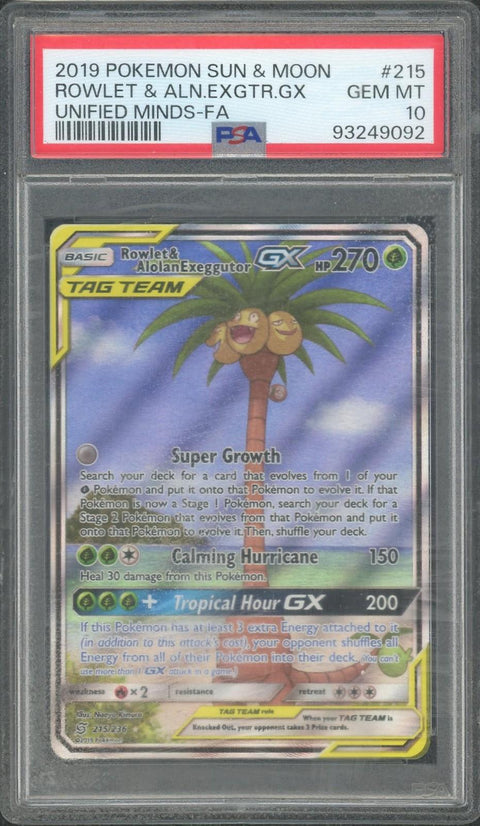 Pokemon Unified Minds Rowlet Alolan Exeggutor GX Full Art PSA 10 #215 *93249092*