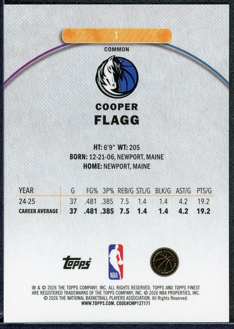 2025-26 Topps Finest Cooper Flagg Blue Refractor Rookie /99