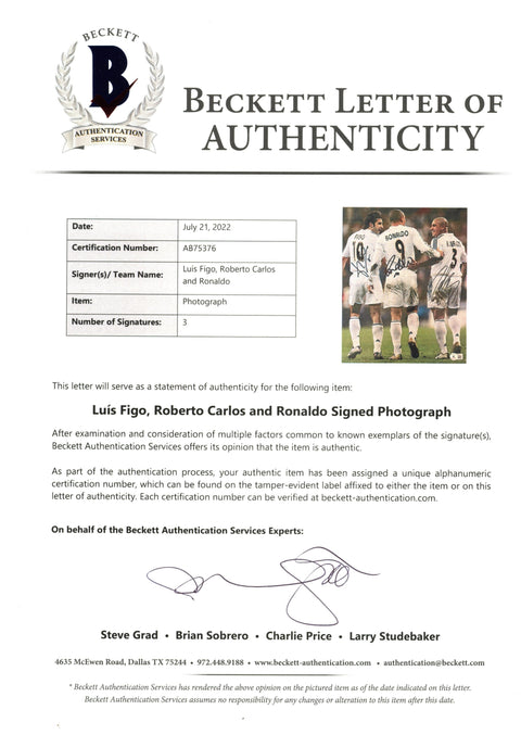 Luis Figo, Roberto Carlos & Ronaldo Nazário Autographed Photograph 28cm x 36cm Framed