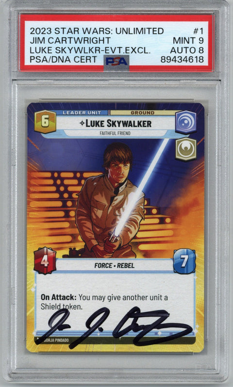 2023 Star Wars: Unlimited Promo Gen Con 2023 Luke Skywalker Faithful Friend #1 Auto Jim Cartwright PSA 9 Auto 8