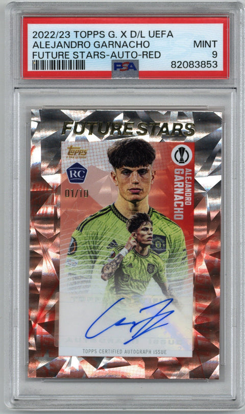 2022/23 Topps Gold X Dan Leydon UEFA Alejandro Garnacho Future Stars-Auto-Red 1/10 PSA 9