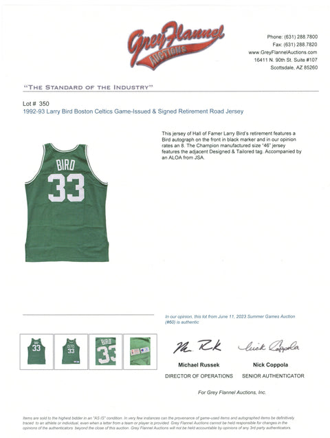 Larry Bird #33 Autographed 1992/93 Boston Celtics Game-Issued NBA Road Jersey