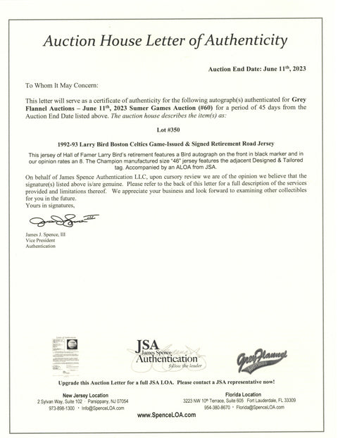 Larry Bird #33 Autographed 1992/93 Boston Celtics Game-Issued NBA Road Jersey