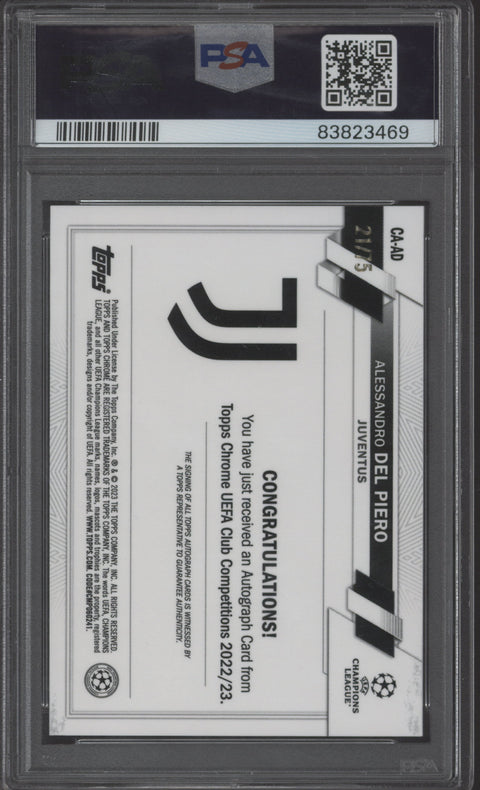 2022 Topps Chrome Alessandro Del Piero Blue Wave Auto #21/75 PSA 10
