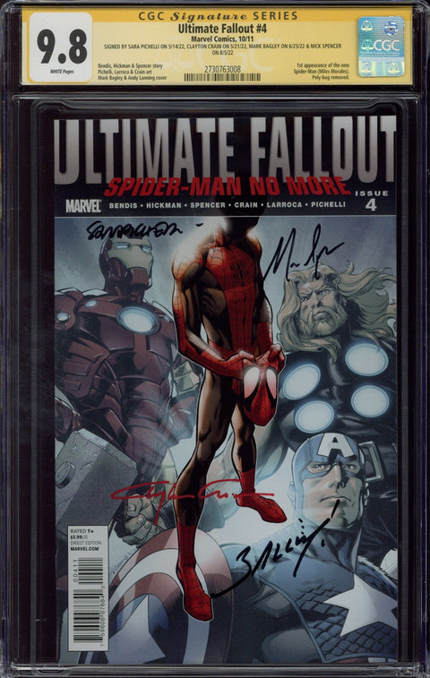 Ultimate Fallout #4 CGC 9.8 (W) Signed By Crain, Pichelli,Bagley & Spencer *2730763008*