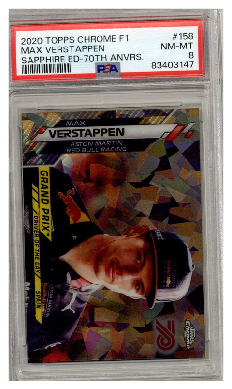 2020 TOPPS CHROME MAX VERSTAPPEN SAPPHIRE F1 #158 70TH REFRACTOR 45/70 PSA 8