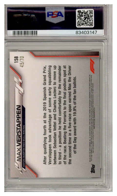 2020 TOPPS CHROME MAX VERSTAPPEN SAPPHIRE F1 #158 70TH REFRACTOR 45/70 PSA 8