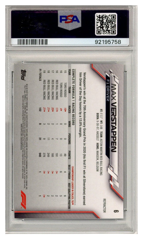 2020 Topps Chrome F1 Max Verstappen Refractor #6 PSA 10