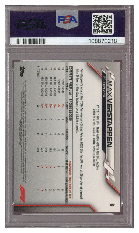 2020 Topps Chrome Formula 1 Max Verstappen #6 PSA 10