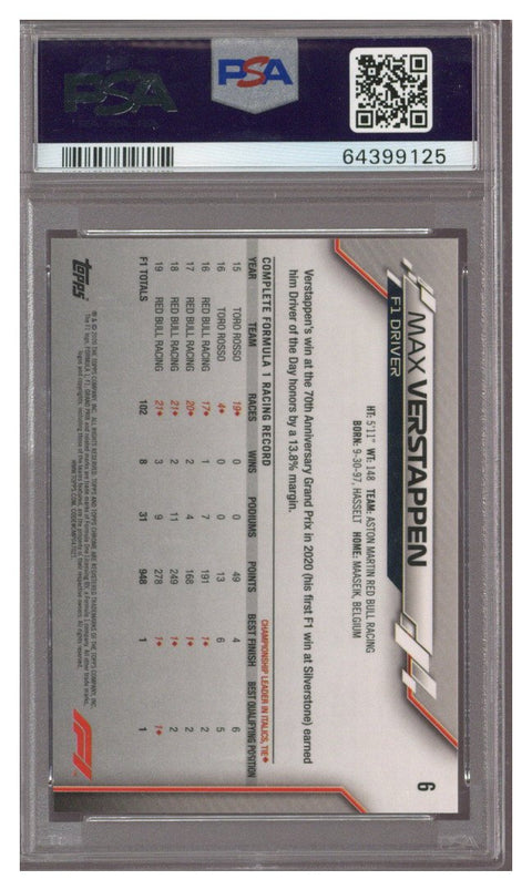 2020 Topps Chrome Formula 1 Max Verstappen Sapphire #6 PSA 10