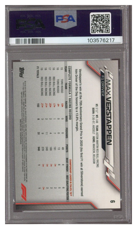 2020 Topps Chrome F1 Max Verstappen #6 PSA 10