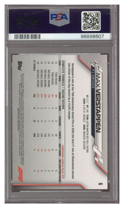 2020 Topps Chrome F1  Max Verstappen Card #6 PSA 10