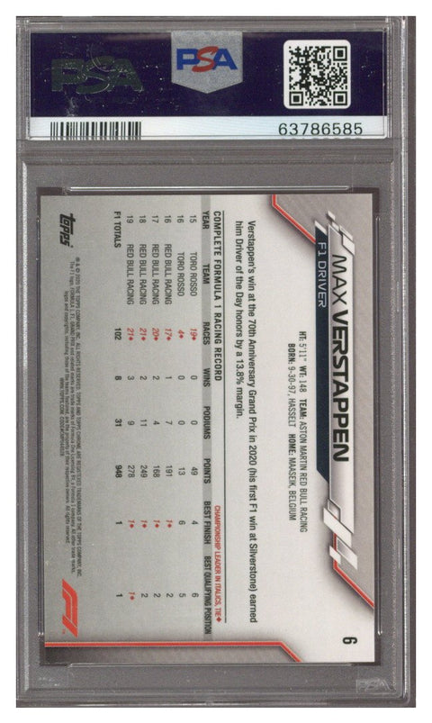 2020 Topps Chrome Formula 1 F1 Max Verstappen #6 PSA 10 GEM MINT