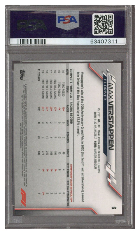 2020 Topps Chrome Formula 1 F1 70th Anniversary Gold Max Verstappen #6 PSA 10