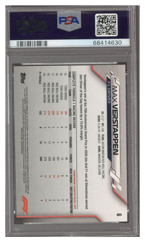 MAX VERSTAPPEN 2020 Topps Chrome F1 #6 PSA 10
