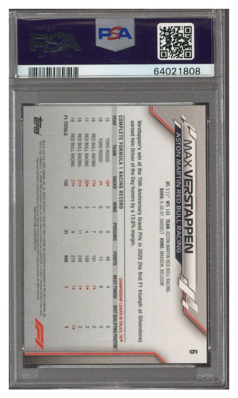 2020 Topps Chrome Formula 1 Sapphire Max Verstappen #6 PSA 9