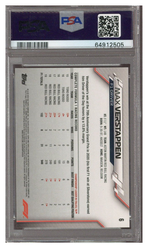 2020 Topps Chrome F1 Max Verstappen #6 PSA 10