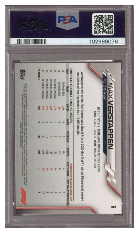 2020 TOPPS CHROME F1 MAX VERSTAPPEN #6 PSA 10