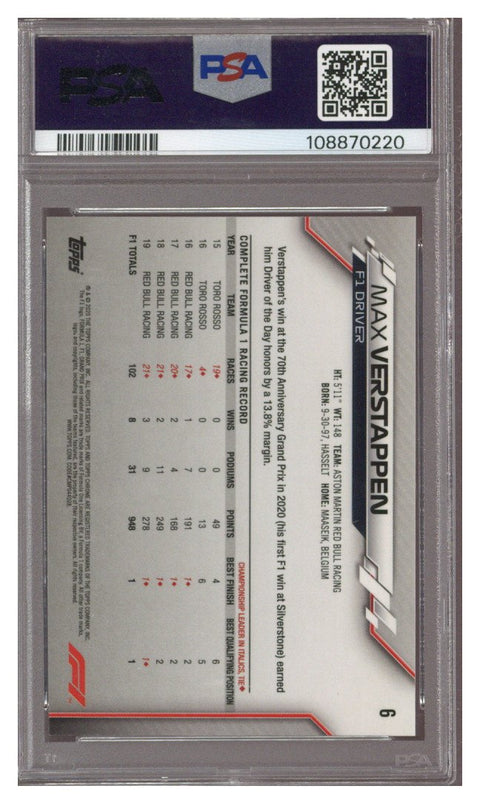 2020 TOPPS CHROME F1 #6 MAX VERSTAPPEN PSA 10