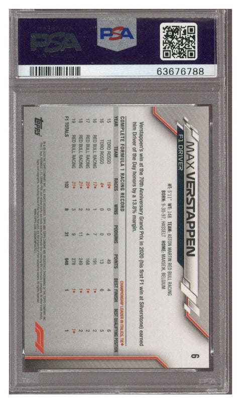 2020 Topps Chrome F1 Max Verstappen Sapphire #6 PSA 10