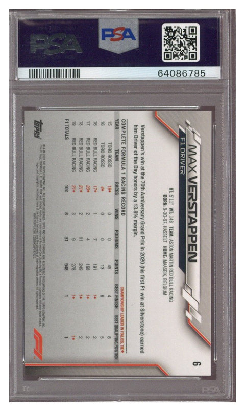 MAX VERSTAPPEN 2020 Topps Chrome F1 SAPPHIRE EDITION #6 PSA 10 RC