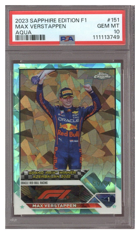 MAX VERSTAPPEN 2023 Topps Chrome F1 AQUA SAPPHIRE #151 59/99 PSA 10
