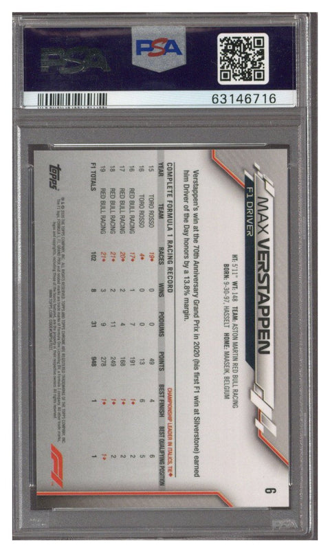 2020 Topps Chrome Max Verstappen Sapphire F1 #6 PSA 10