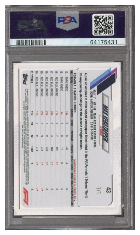 2021 Topps Chrome F1 Max Verstappen Superfractor 1/1 PSA 9 #43
