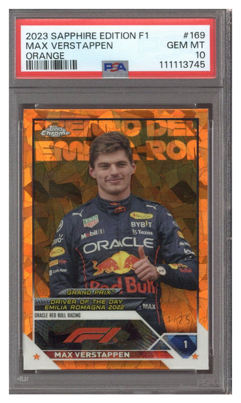 2023 TOPPS CHROME F1 MAX VERSTAPPEN SAPPHIRE ED ORANGE #169 11/25 PSA 10
