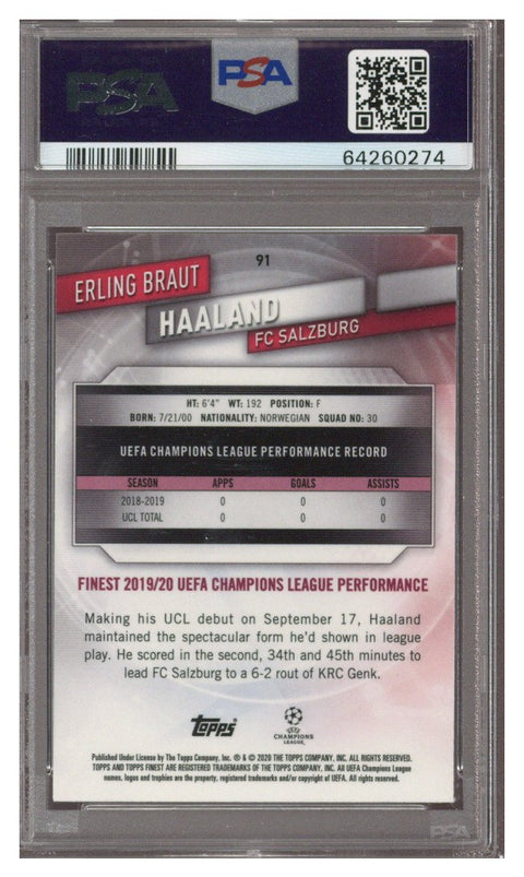 RC Erling Braun Haaland 2019 Topps Finest UCL #91 RC PSA 10