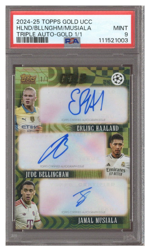 2024-25 Topps Gold Erling Haaland/Jude Bellingham/Jamal Musiala Multi-Signed Card (#1/1) - PSA MINT 9