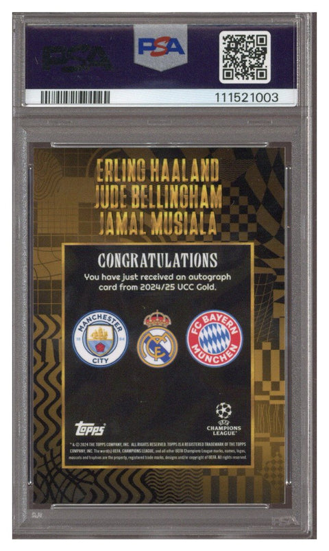 2024-25 Topps Gold Erling Haaland/Jude Bellingham/Jamal Musiala Multi-Signed Card (#1/1) - PSA MINT 9