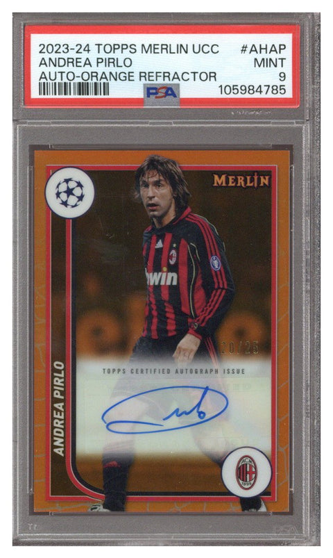 2023-24 Topps Merlin Andrea Pirlo Orange Refractor Auto 20/25 PSA 9