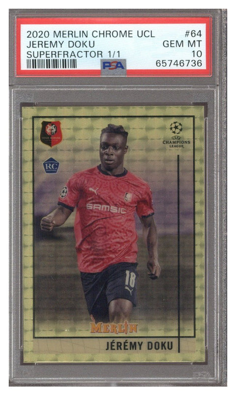 2020-21 Topps Merlin Chrome UEFA Jeremy Doku RC SuperFractor 1/1 PSA 10