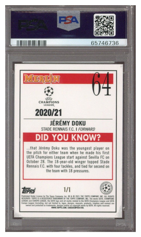 2020-21 Topps Merlin Chrome UEFA Jeremy Doku RC SuperFractor 1/1 PSA 10