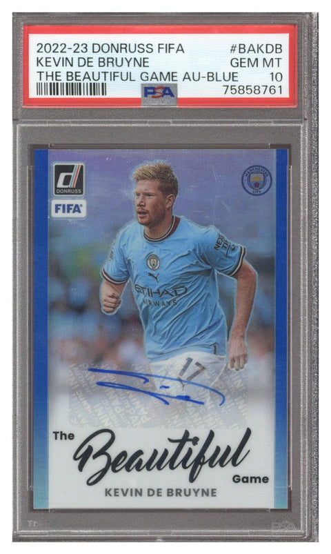 2022-23 Panini Donruss Kevin De Bruyne Blue Prizm Auto 36/49 PSA 10