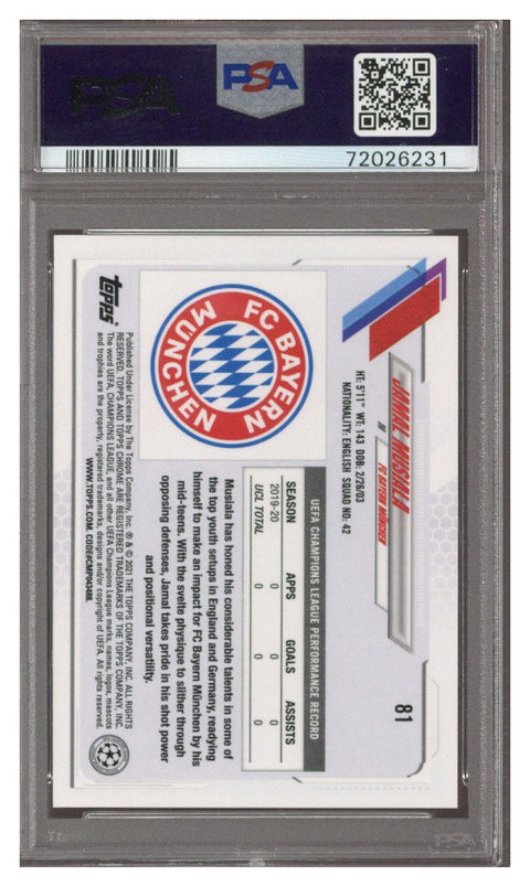 2020 Topps Chrome UEFA League Orange Bubbles Jamal Musiala ROOKIE PSA 10 GEM