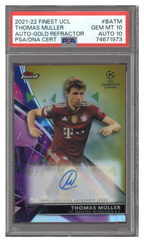 THOMAS MULLER PSA 10 2021-22 TOPPS FINEST UCL GOLD REFRACTOR AUTO 23/50