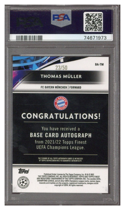 THOMAS MULLER PSA 10 2021-22 TOPPS FINEST UCL GOLD REFRACTOR AUTO 23/50