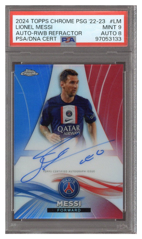 Lionel Messi 2023 Topps Chrome PSG Auto RWB Refractor 43/50 #AU-LM PSA 9