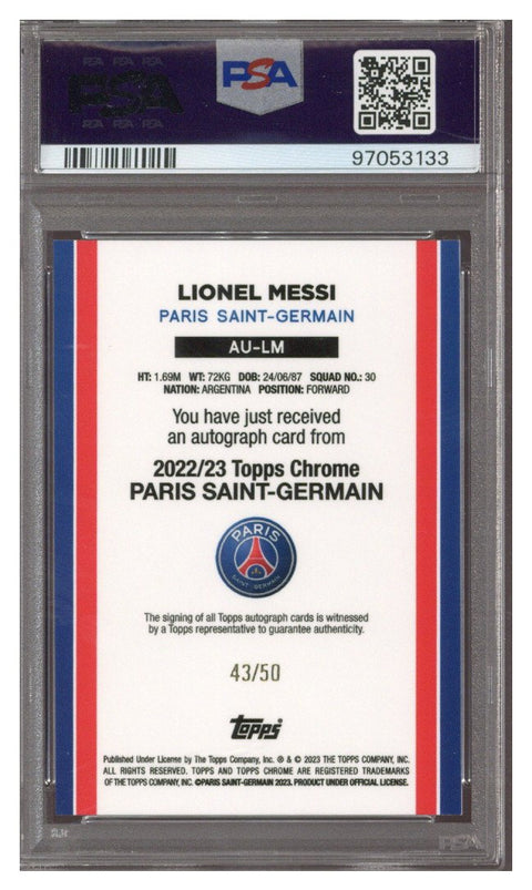 Lionel Messi 2023 Topps Chrome PSG Auto RWB Refractor 43/50 #AU-LM PSA 9