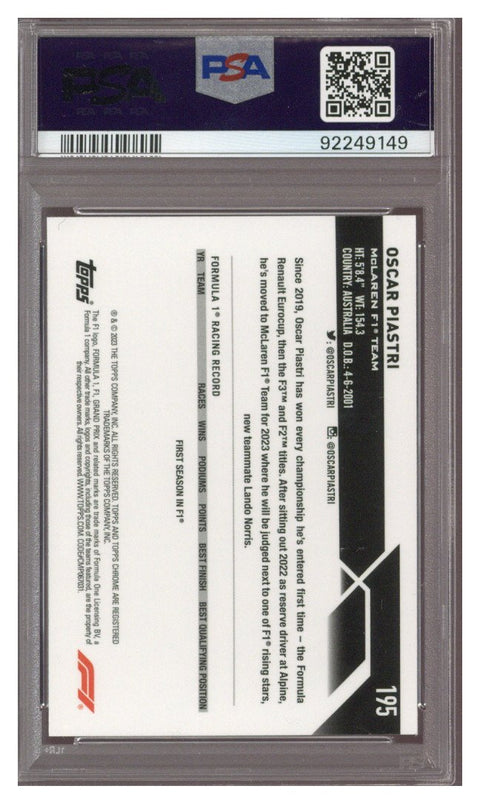 2023 Topps Chrome Oscar Piastri F1 #195 RC PSA 9
