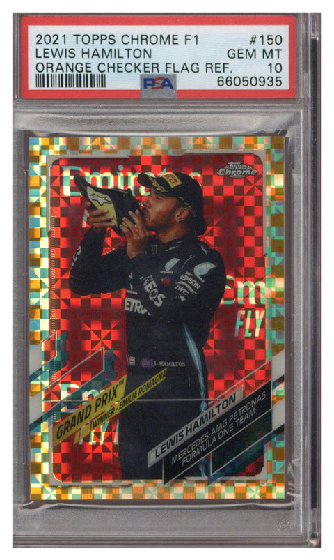 2021 Topps Chrome F1 Lewis Hamilton Orange Checker Flag Refractor #2/25 PSA 10